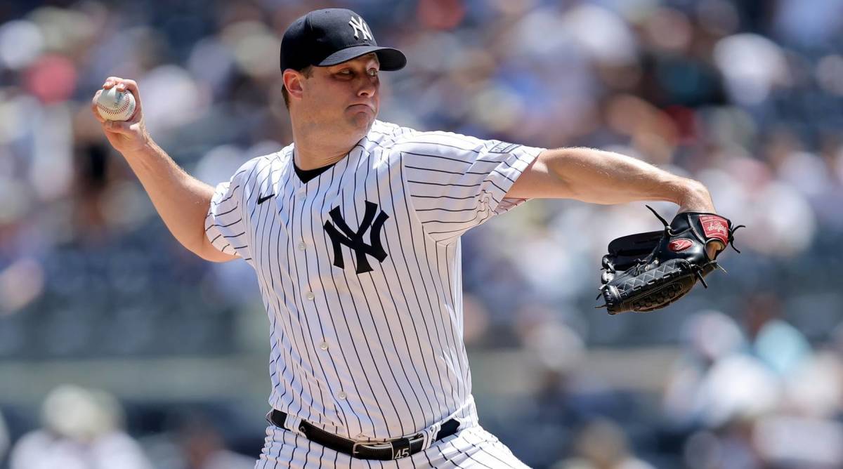 Yankees starter Gerrit Cole throws a pitch in a game.